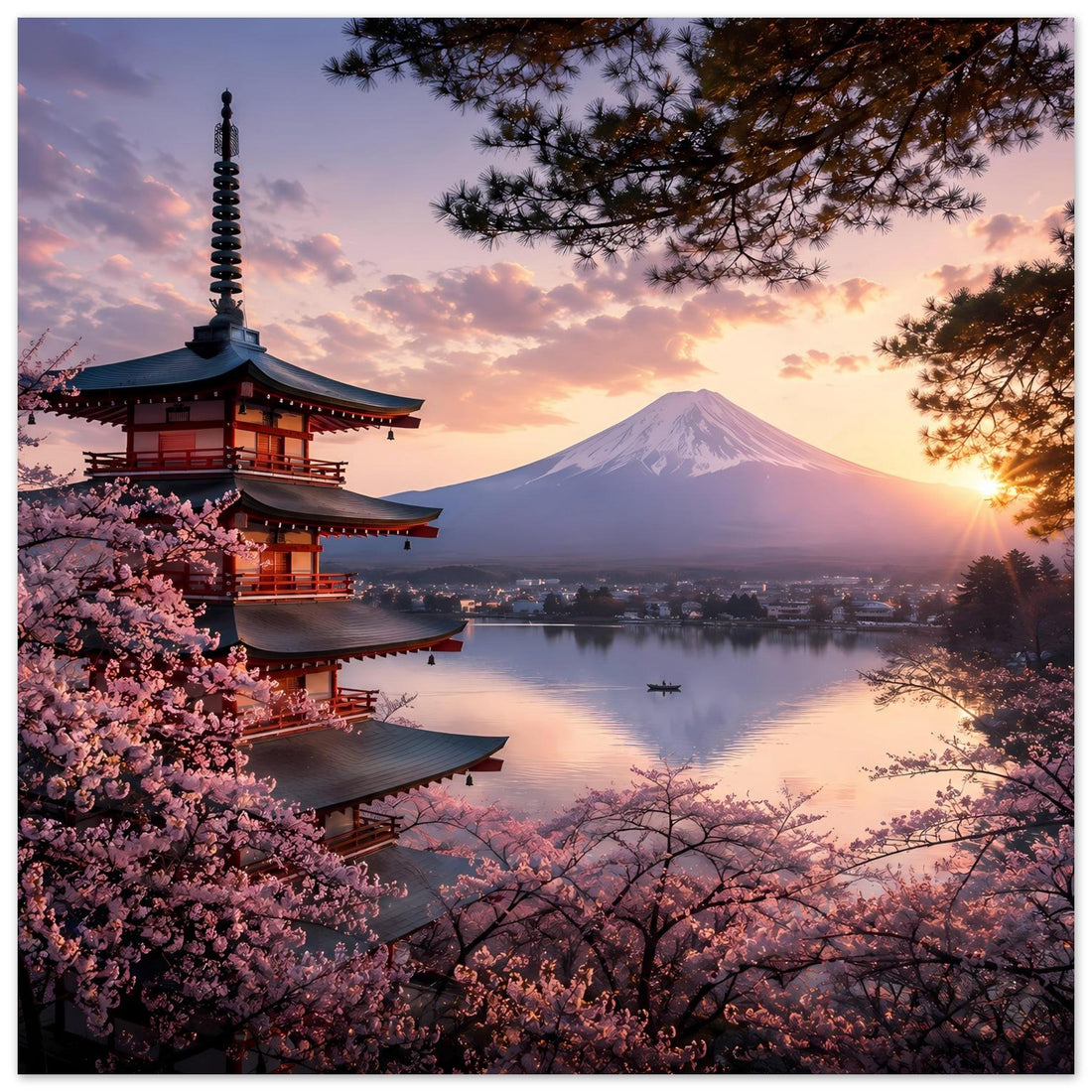 Japanische Pagode am See mit Fuji als Poster
