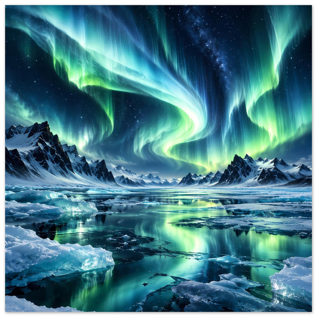 Polarlichter über eisigem Fjord: Aurora Borealis in Grün und Blau