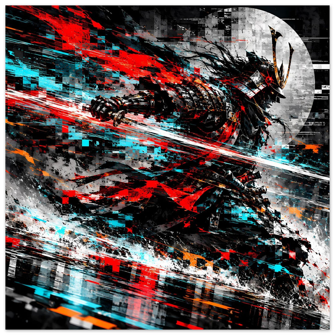 Dynamischer Samurai mit Schwert in Rot und Cyan – Modernes Japan-Poster