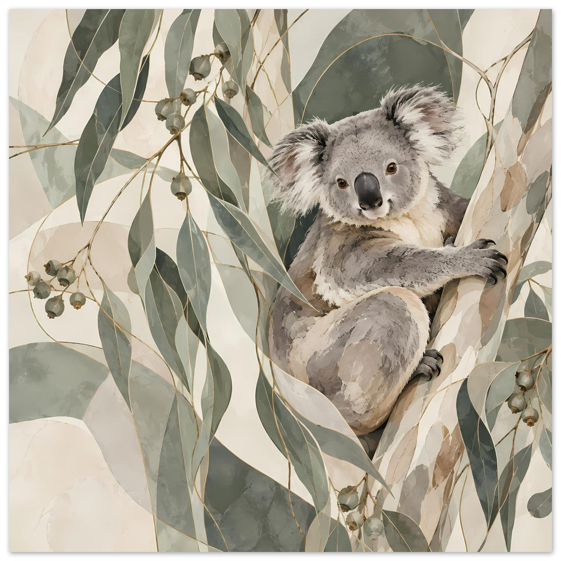 Koala-Porträt mit zarten Blättern in Erdtönen – Elegantes Tierposter