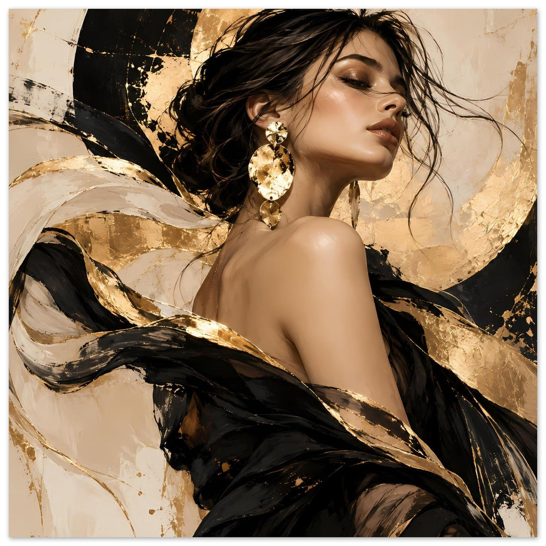 Frauenporträt in Schwarz und Gold als Poster