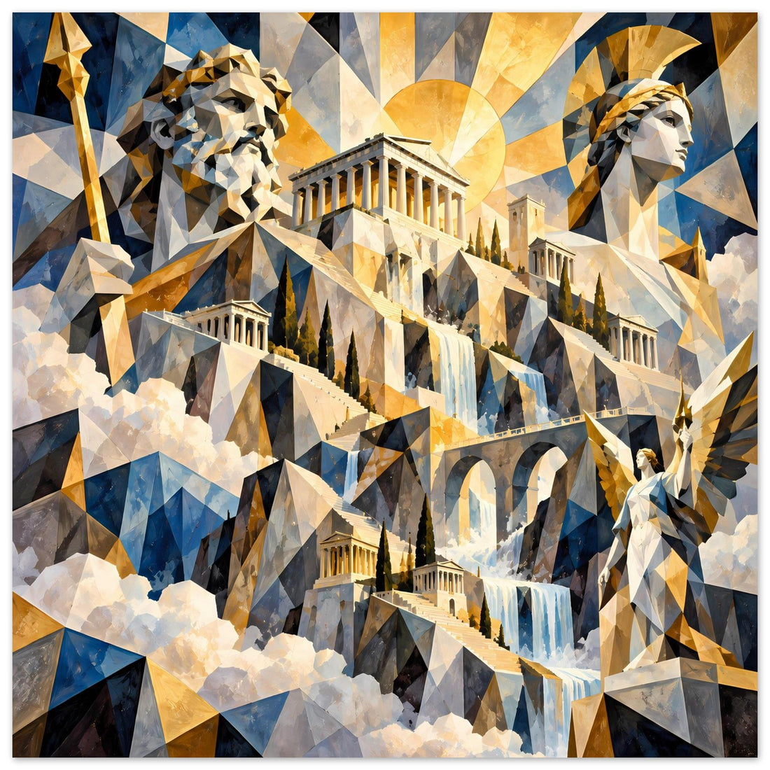Antike Tempel und Wasserfälle: Mythologie in Blau und Gold