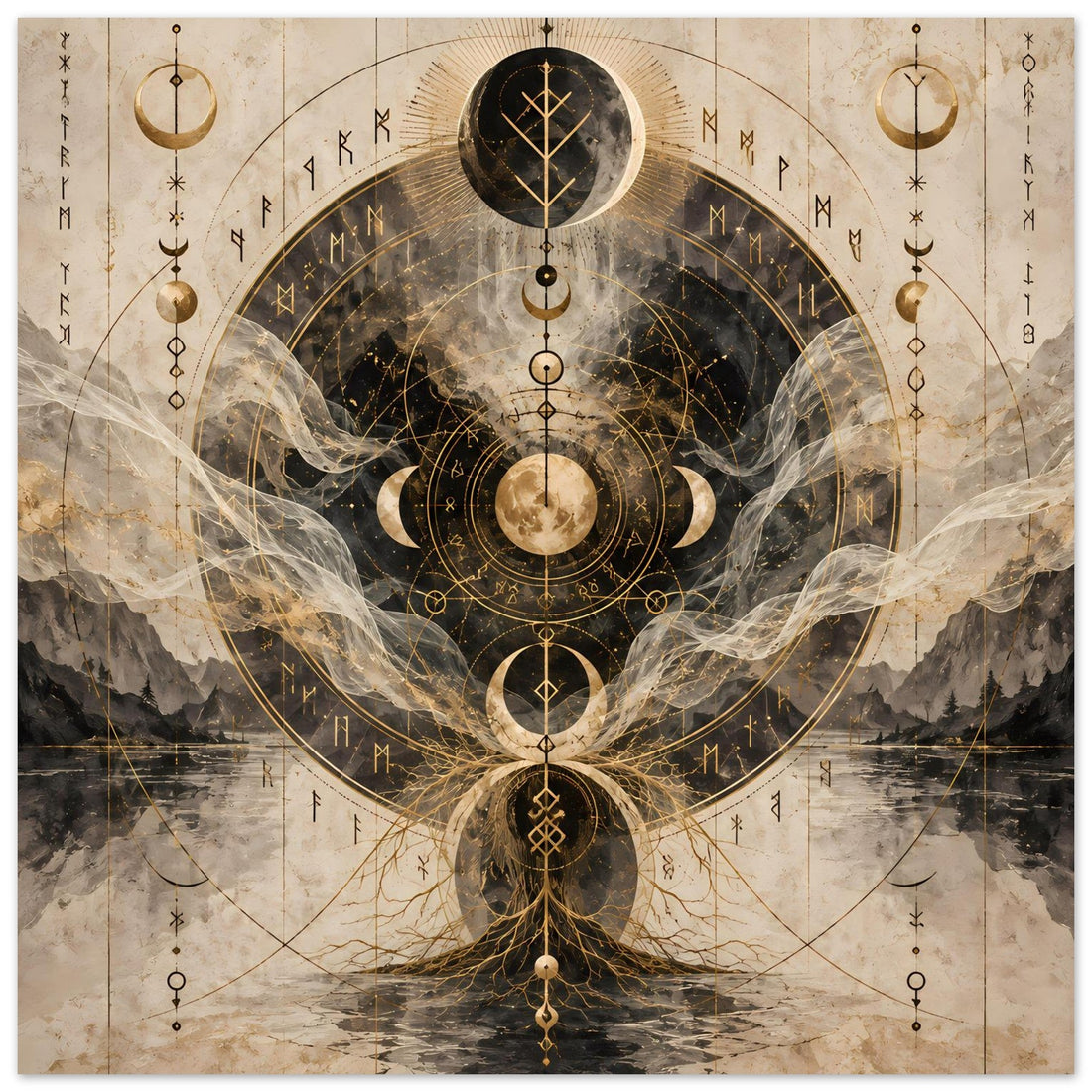 Goldene Mondphasen mit Kreisornamenten auf Beige – Mystisches Poster