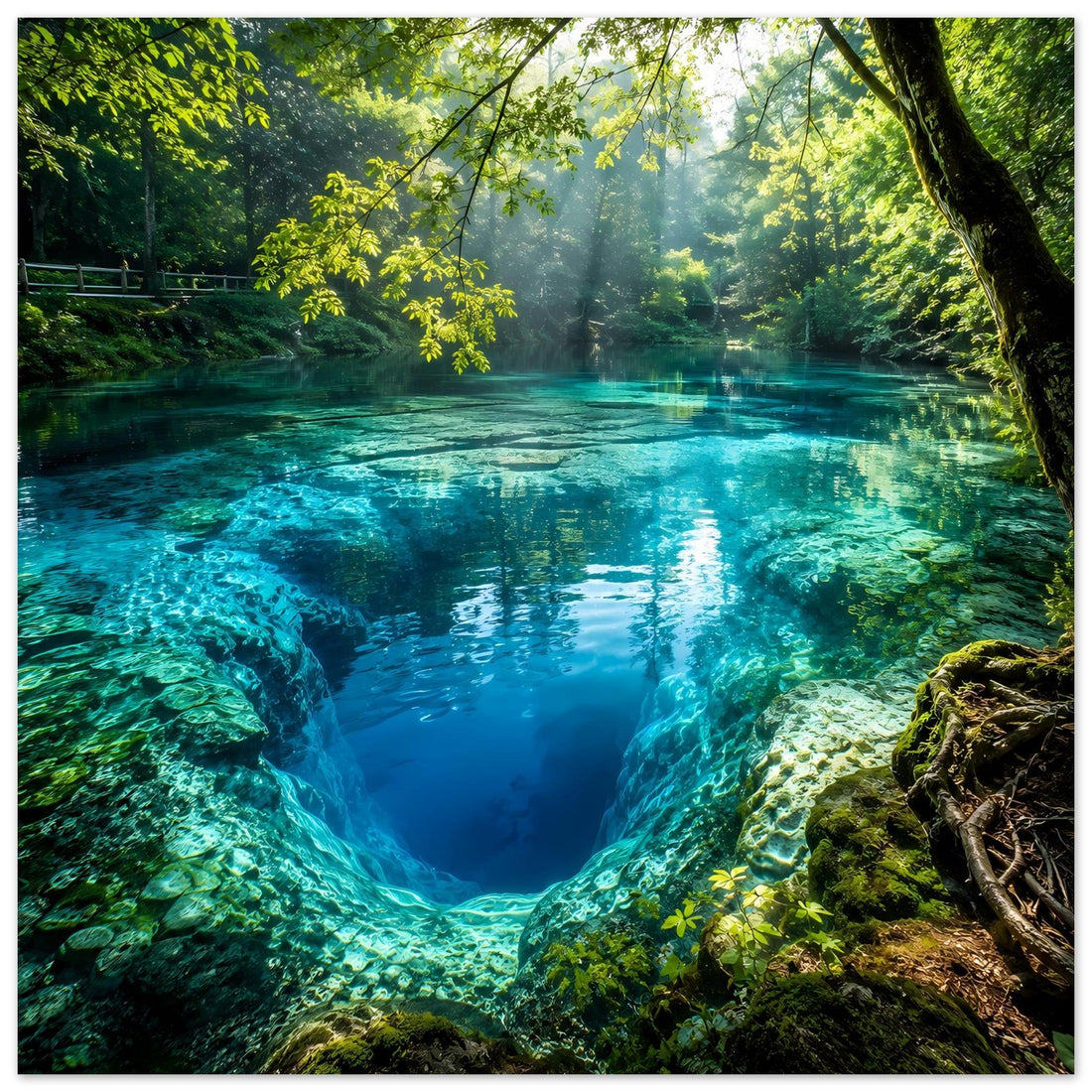 Mystische Waldgrotte mit türkisblauem See – Naturposter