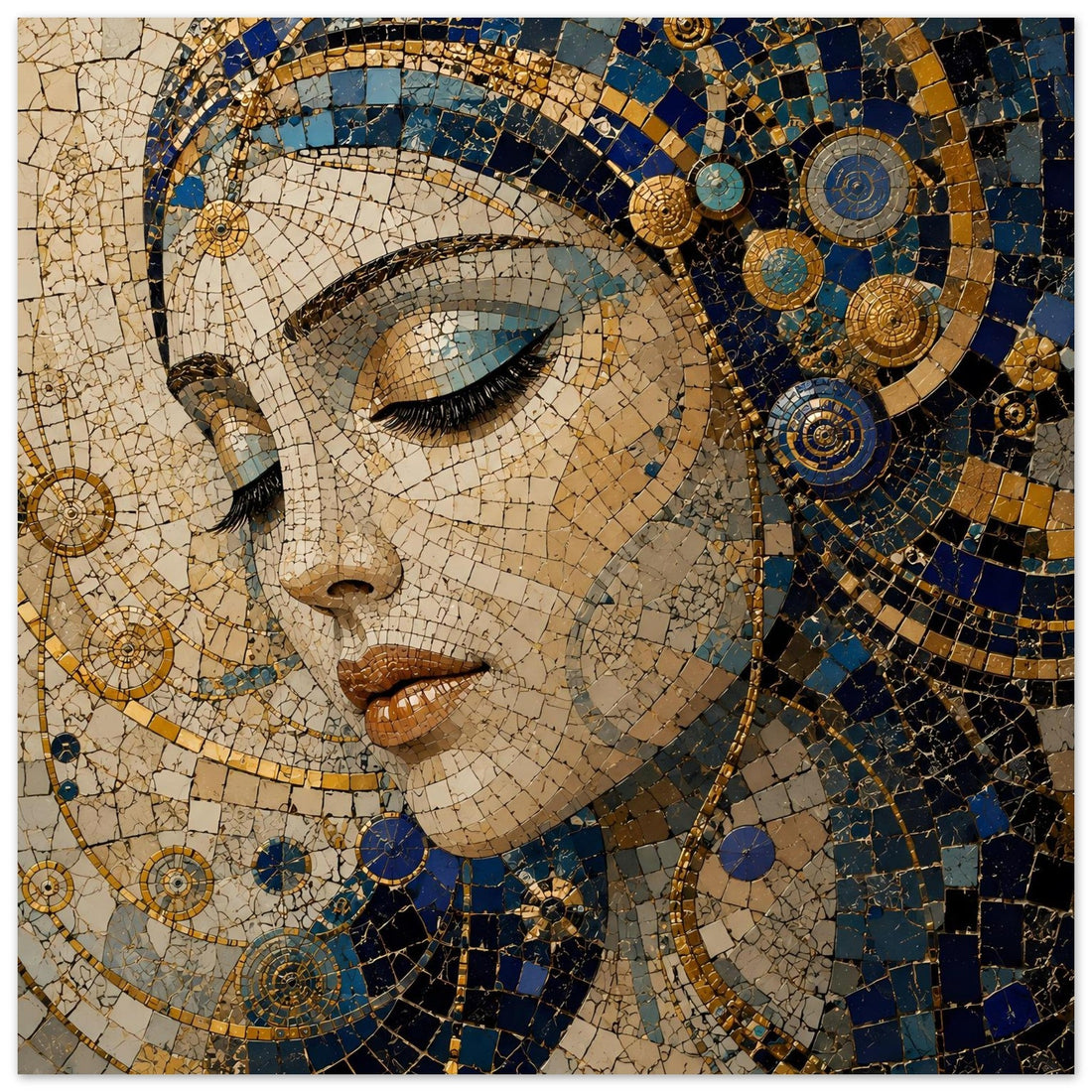 Frauenporträt als blau-goldenes Mosaik als Poster