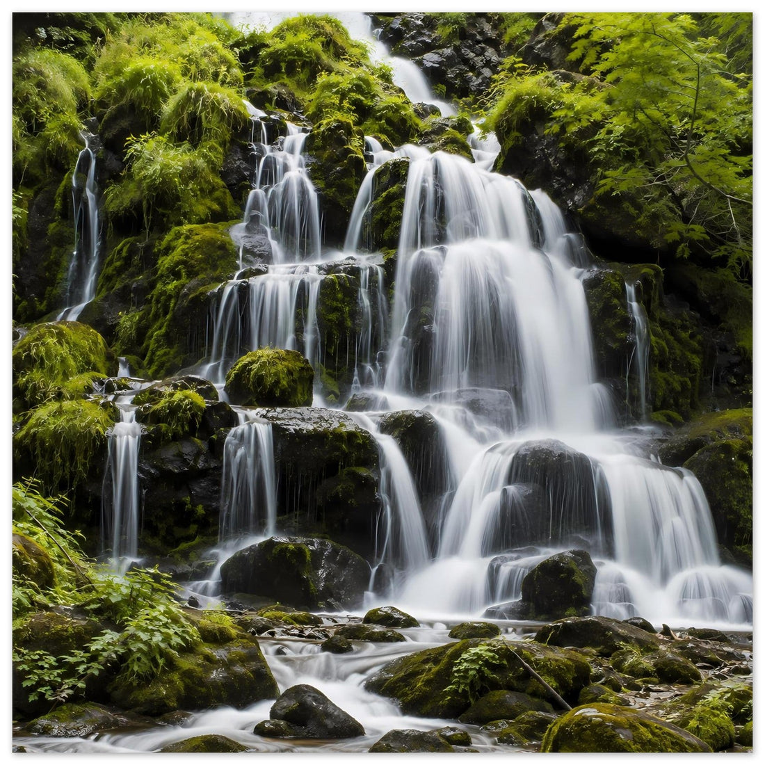 Wasserfall zwischen Moosfelsen: Grüne Naturlandschaft für die Wand