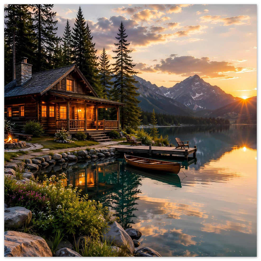 Gemütliche Hütte am See im goldenen Sonnenuntergang – Landschaftsposter