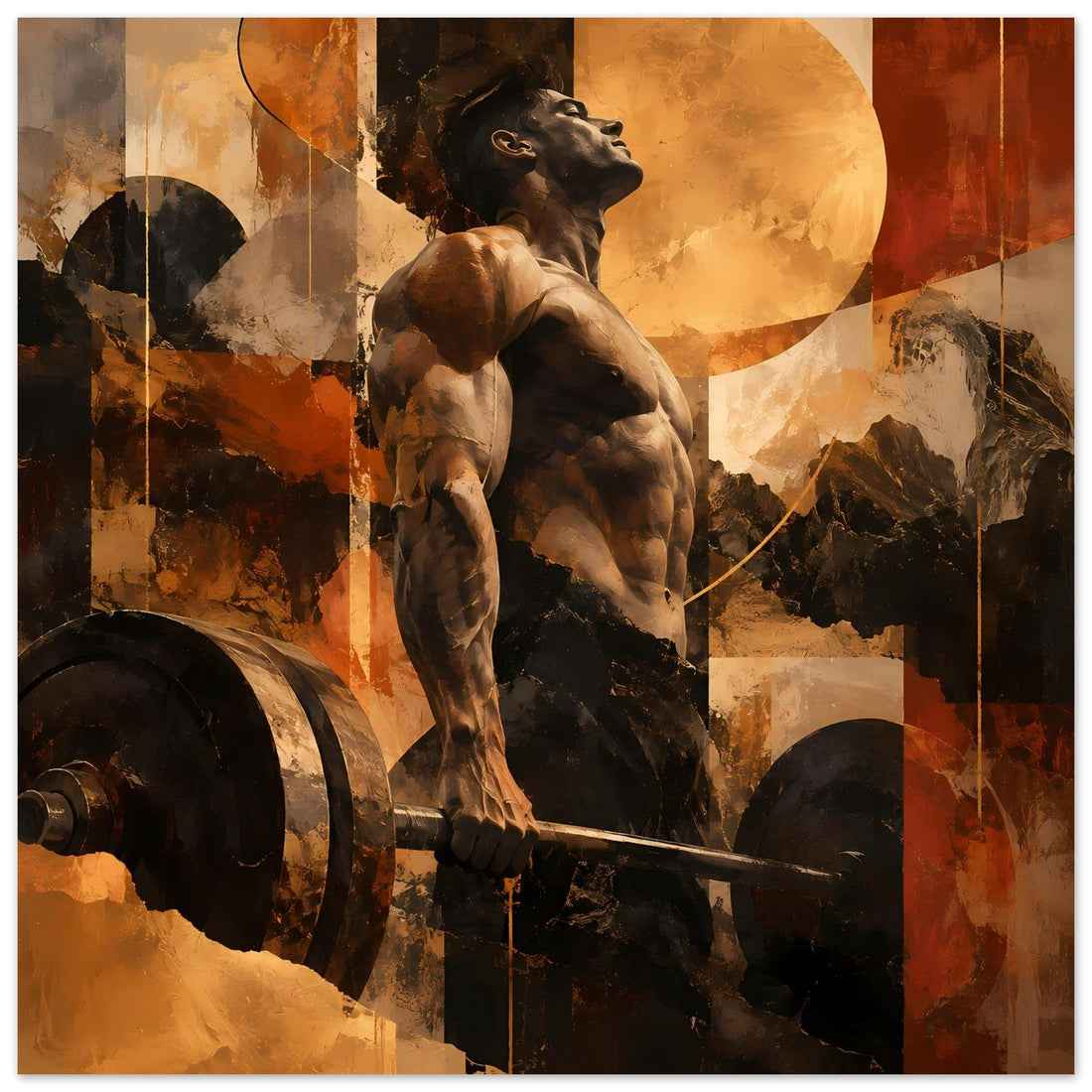 Muskulöser Mann mit Hantelstange – Bodybuilding Poster in Erdtönen