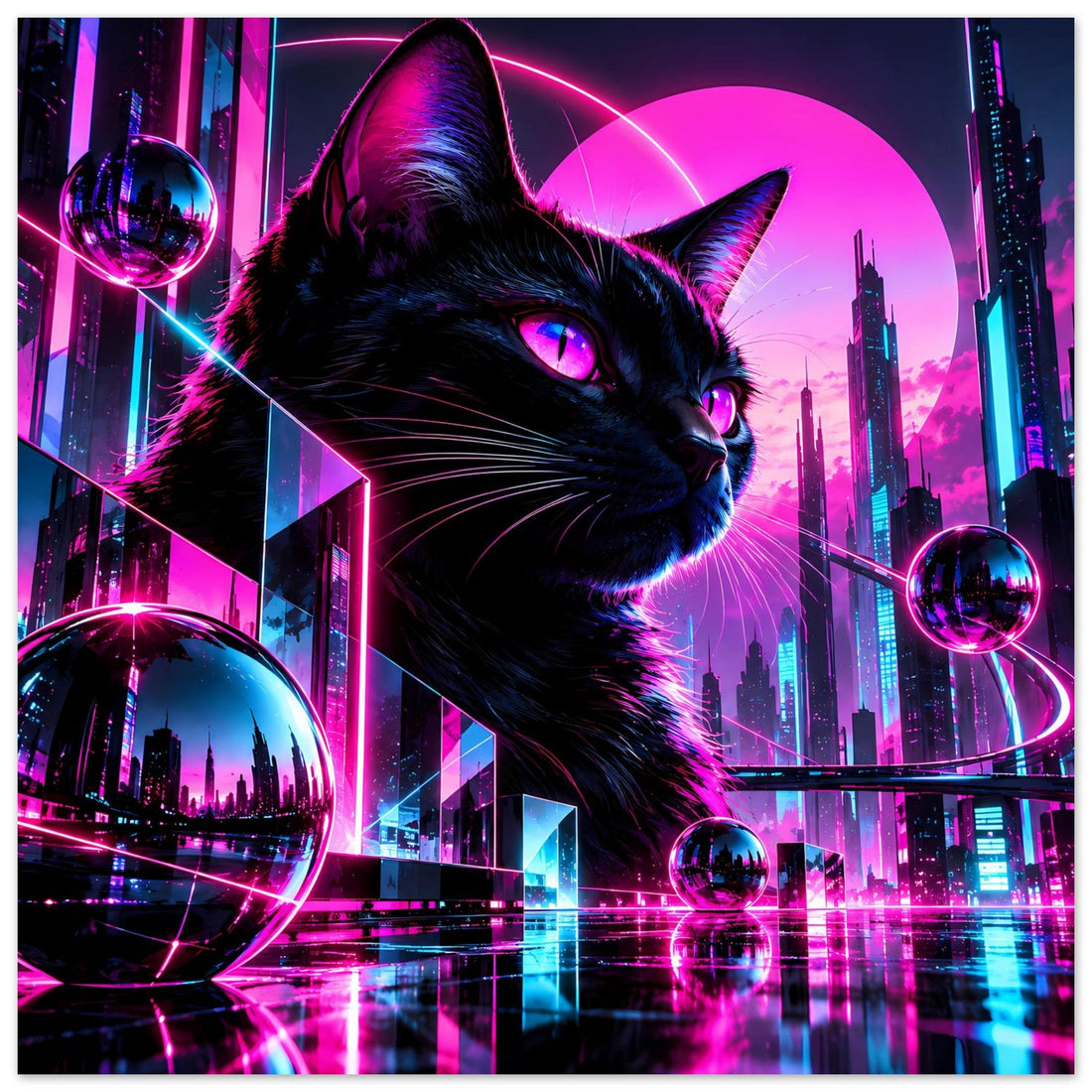 Cyberpunk-Katze mit violetten Augen – Poster-Motiv