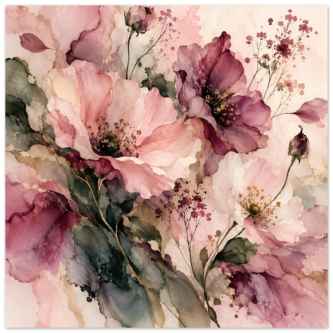Zarte Blüten in Rosa und Burgunderrot – Elegantes Blumenposter