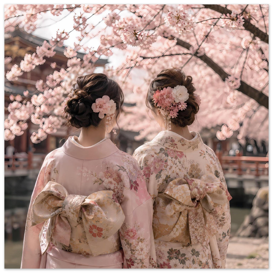 Zwei Frauen im Kimono unter Kirschblüten als Poster