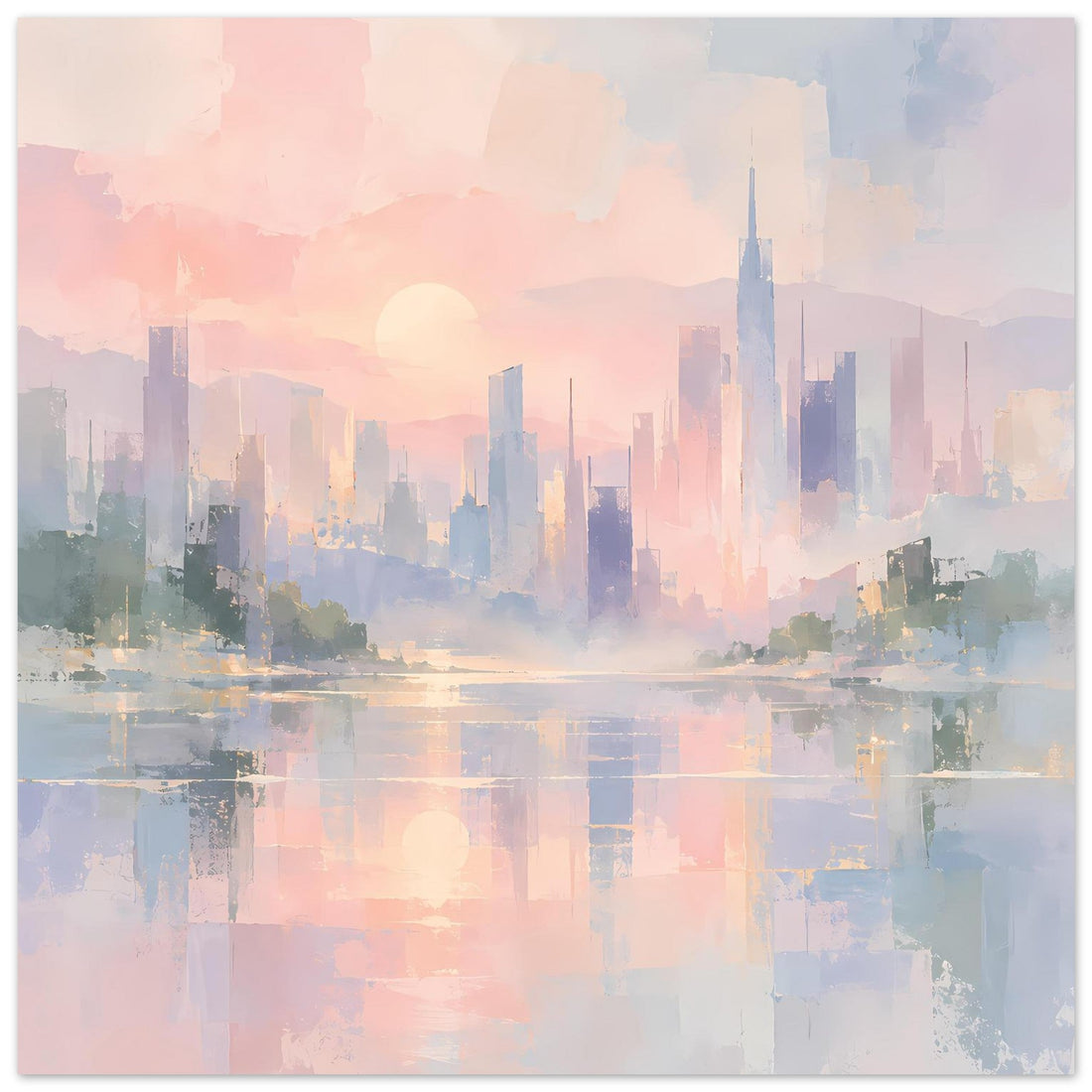 Pastellfarbene Stadt im Morgenlicht als Poster