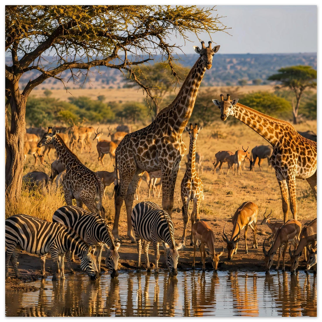 Giraffen, Zebras und Antilopen an der Savannen-Tränke – Safari Poster
