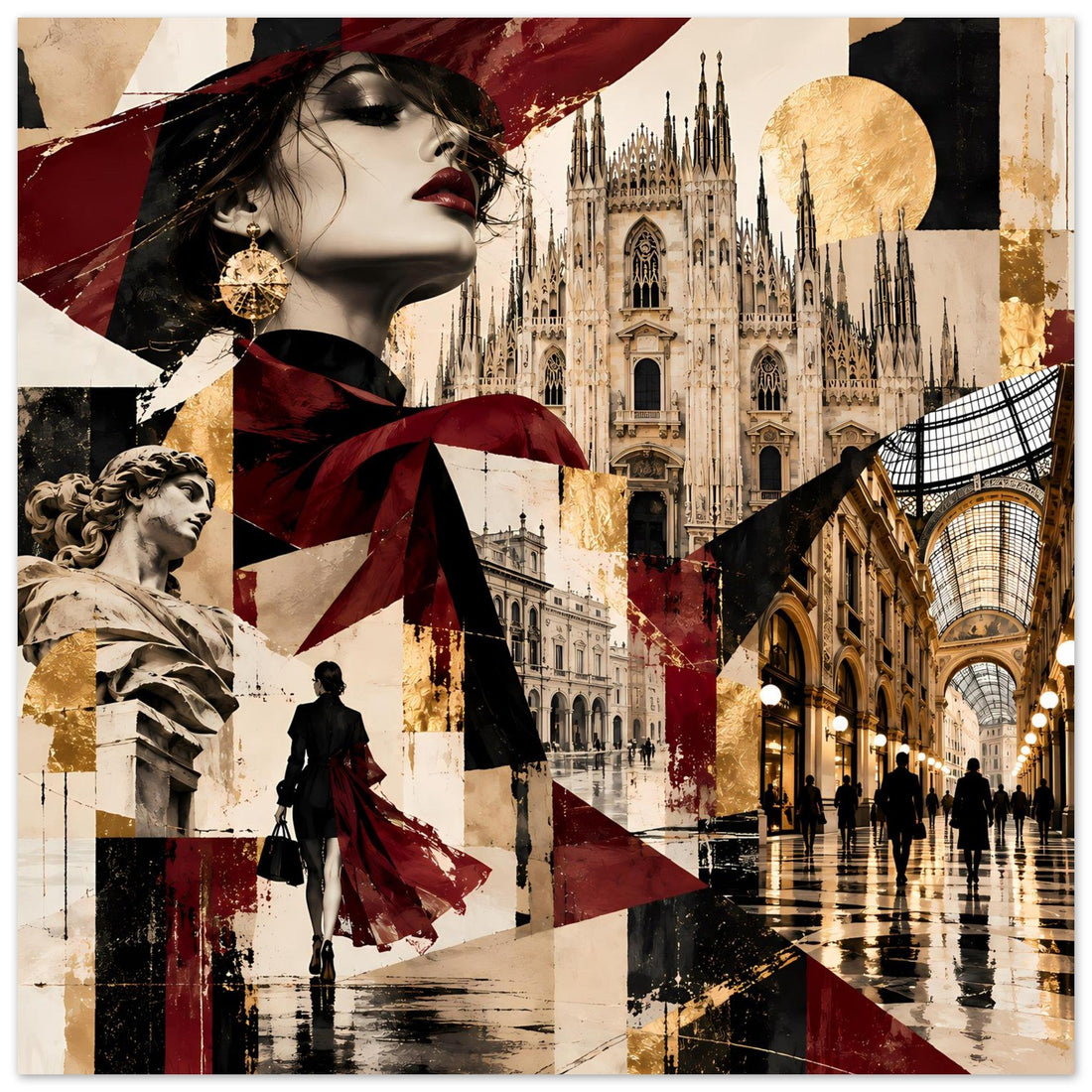 Milano-Collage mit Frauenporträt: Stadtkunst in Burgund und Gold