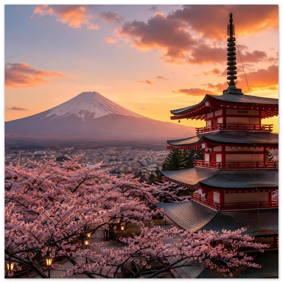 Kirschblüten und Fuji im Abendlicht – Wandkunst Poster