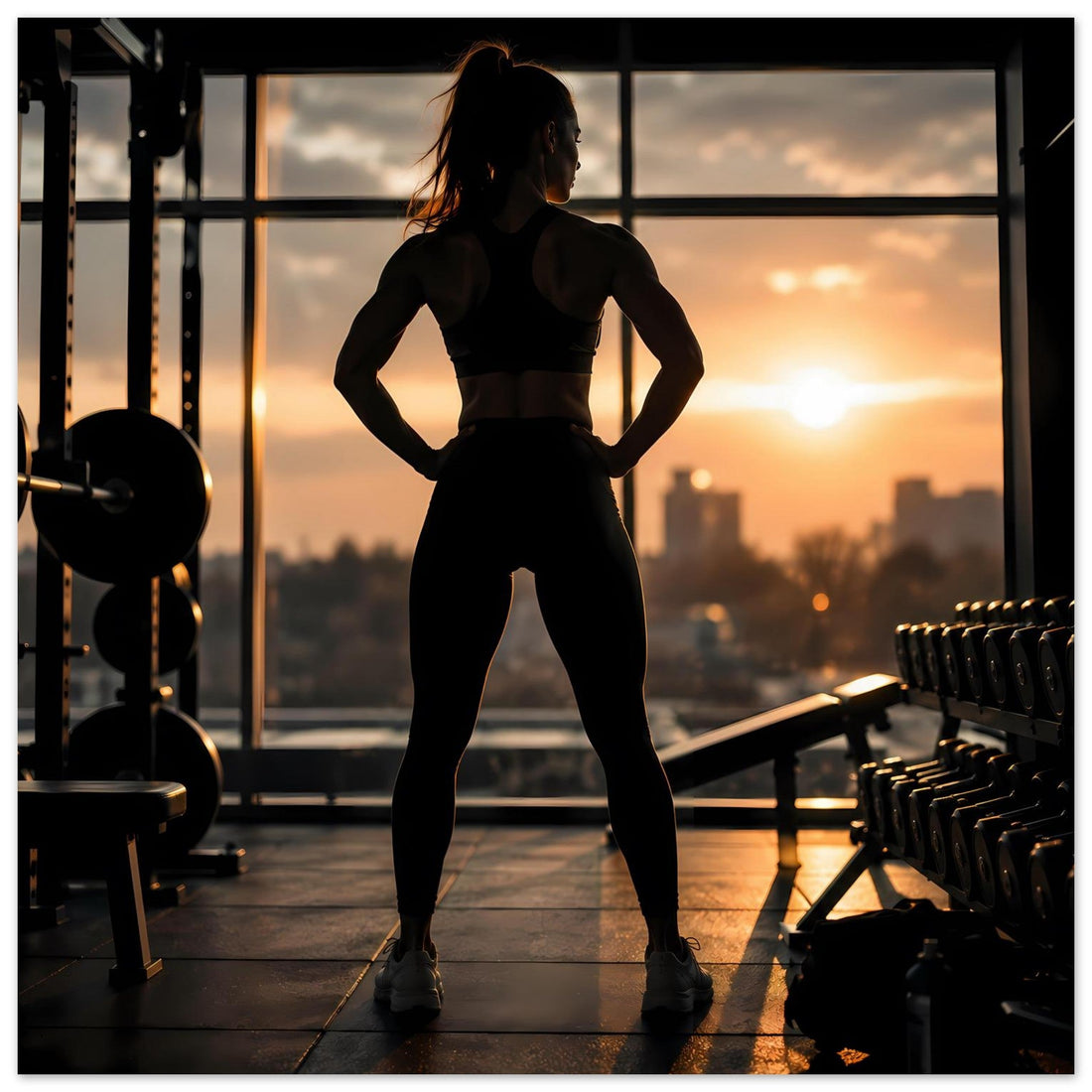 Sportlerin im Fitnessstudio bei Abendlicht als Poster