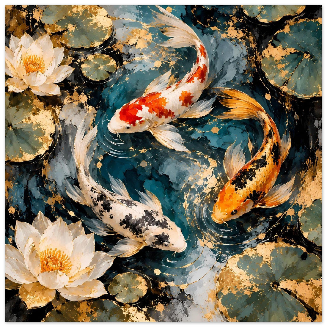 Koi-Karpfen mit weißen Lotusblüten im blau-goldenen Teich – Japan-Poster