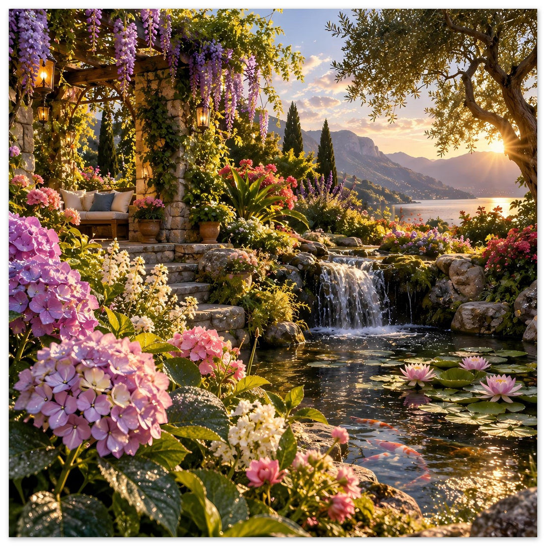 Gartenoase mit Wasserfall und Seerosen Poster