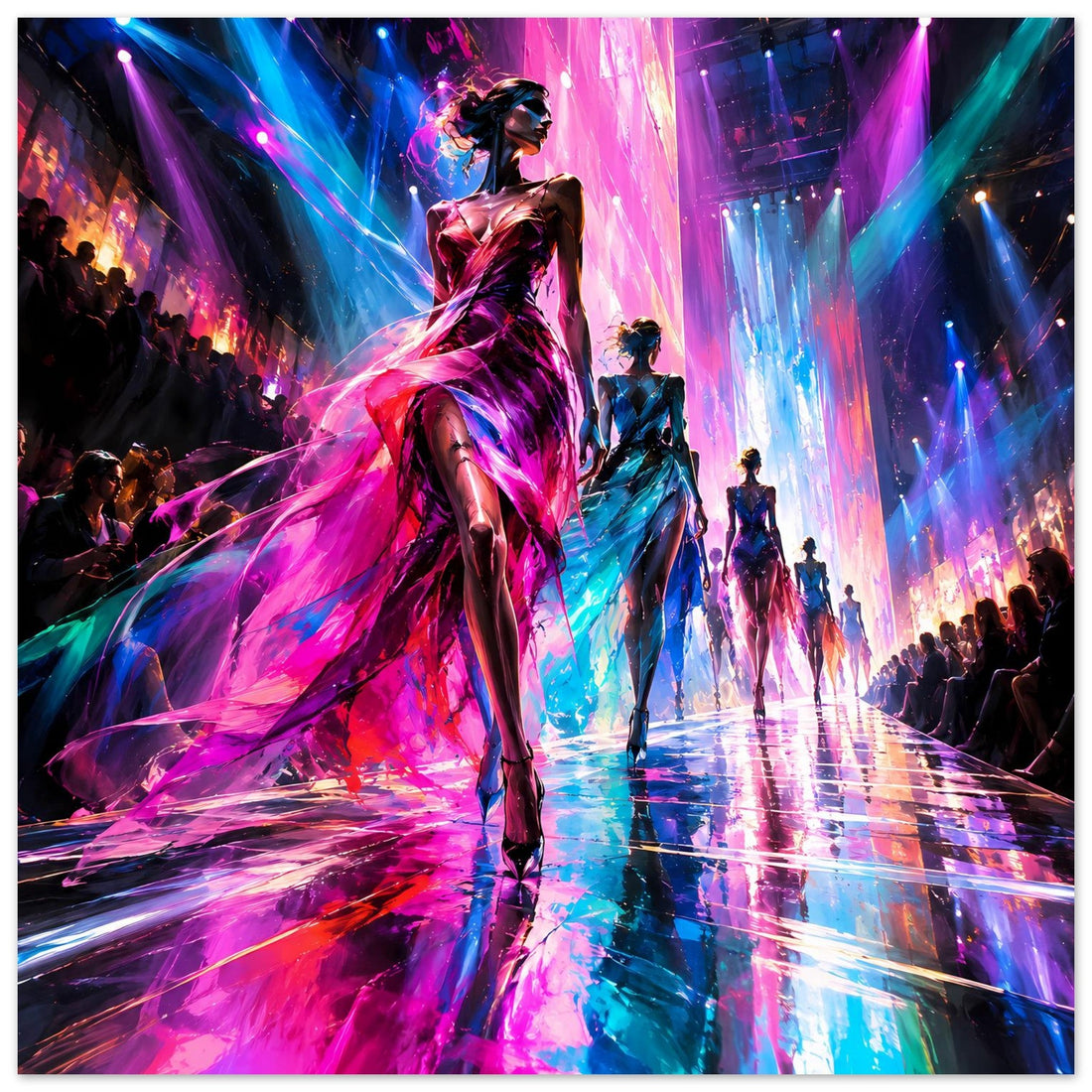 Futuristische Models auf dem Laufsteg – Neon-Fashion-Poster in Pink und Türkis