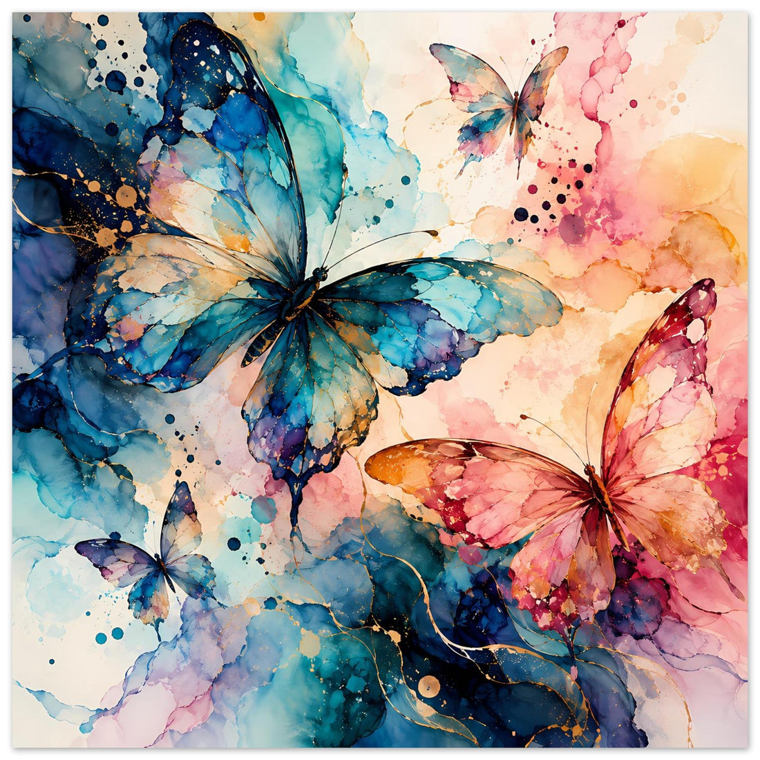 Bunter Aquarell-Schmetterling in Blau und Rosa – Farbenfrohes Naturposter