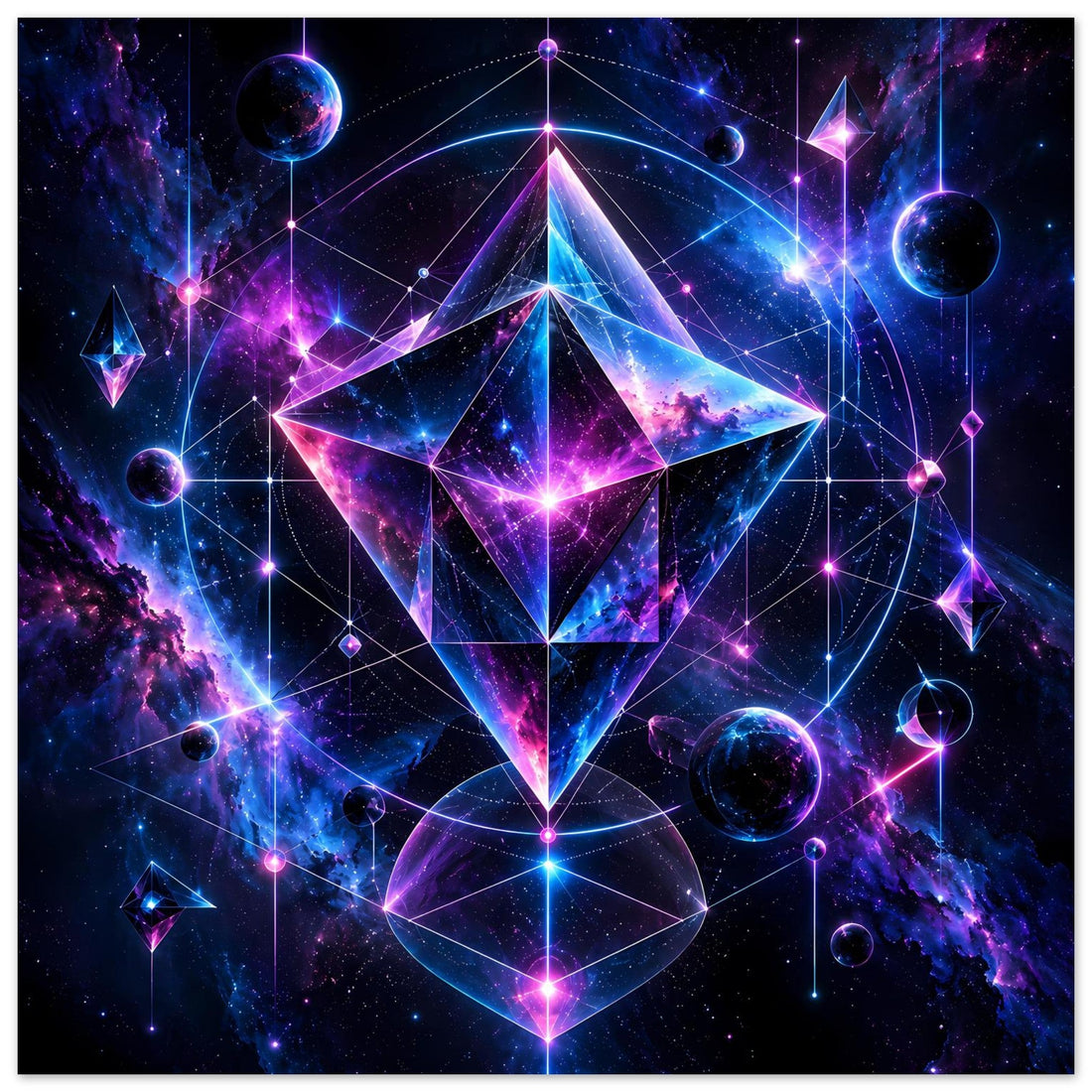 Kosmische Geometrie in Blau und Violett: Stern und Planeten als Poster