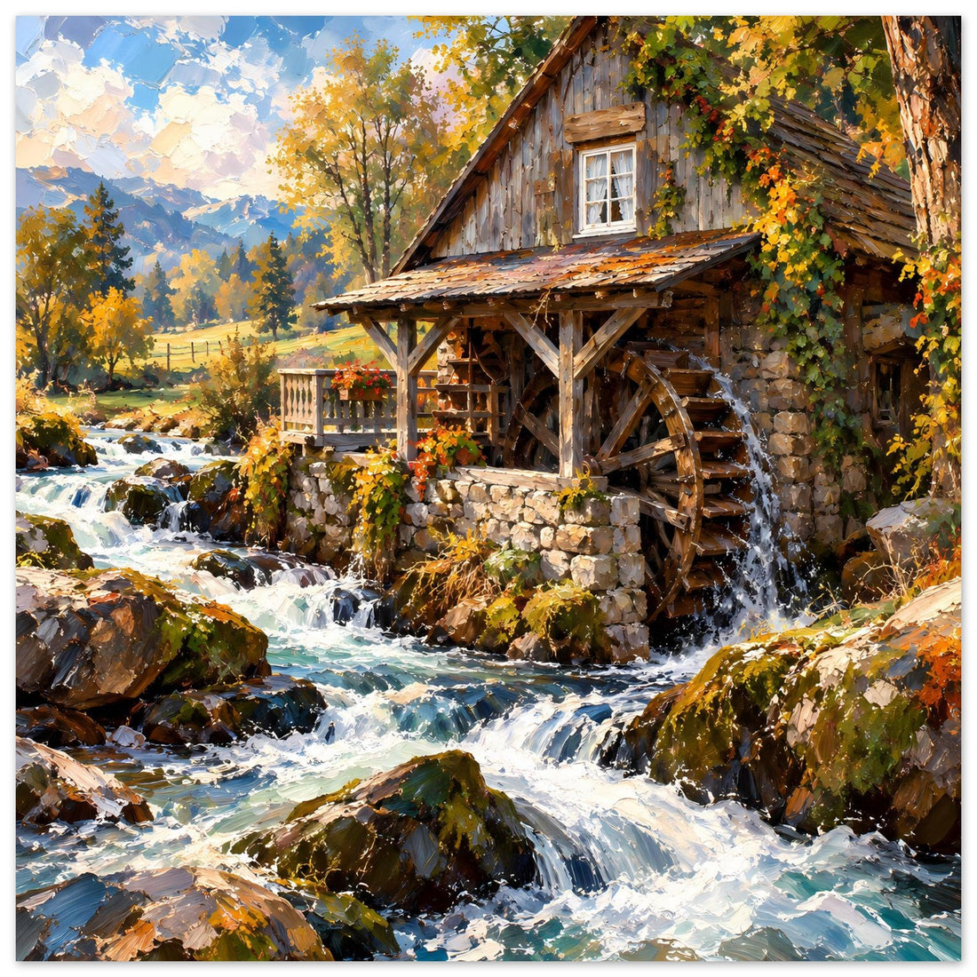 Rustikale Wassermühle mit Herbstlaub und Schnee – Landschaftsposter