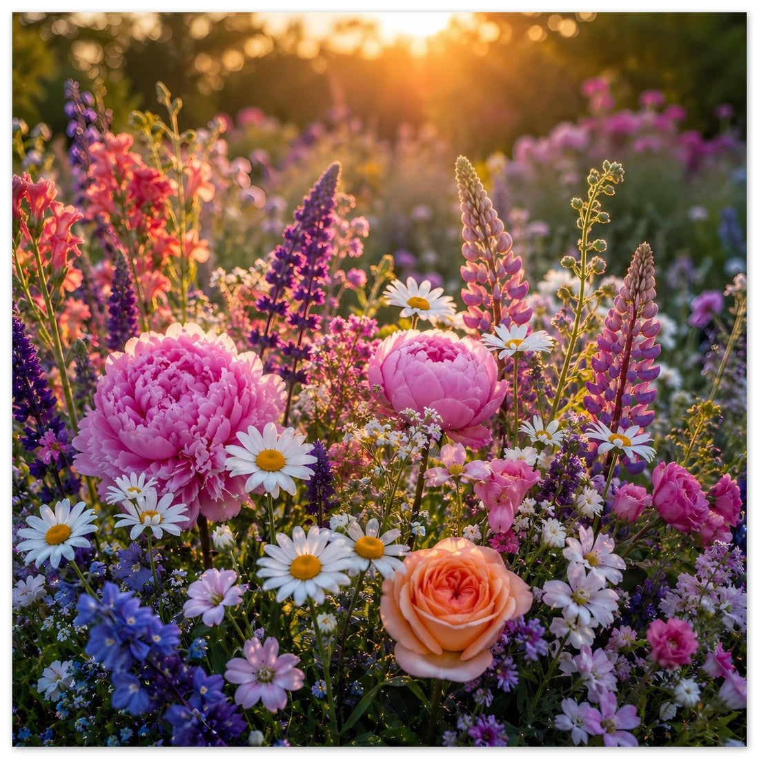 Blütenmeer mit Pfingstrosen, Rosen und Gänseblümchen – Blumenposter