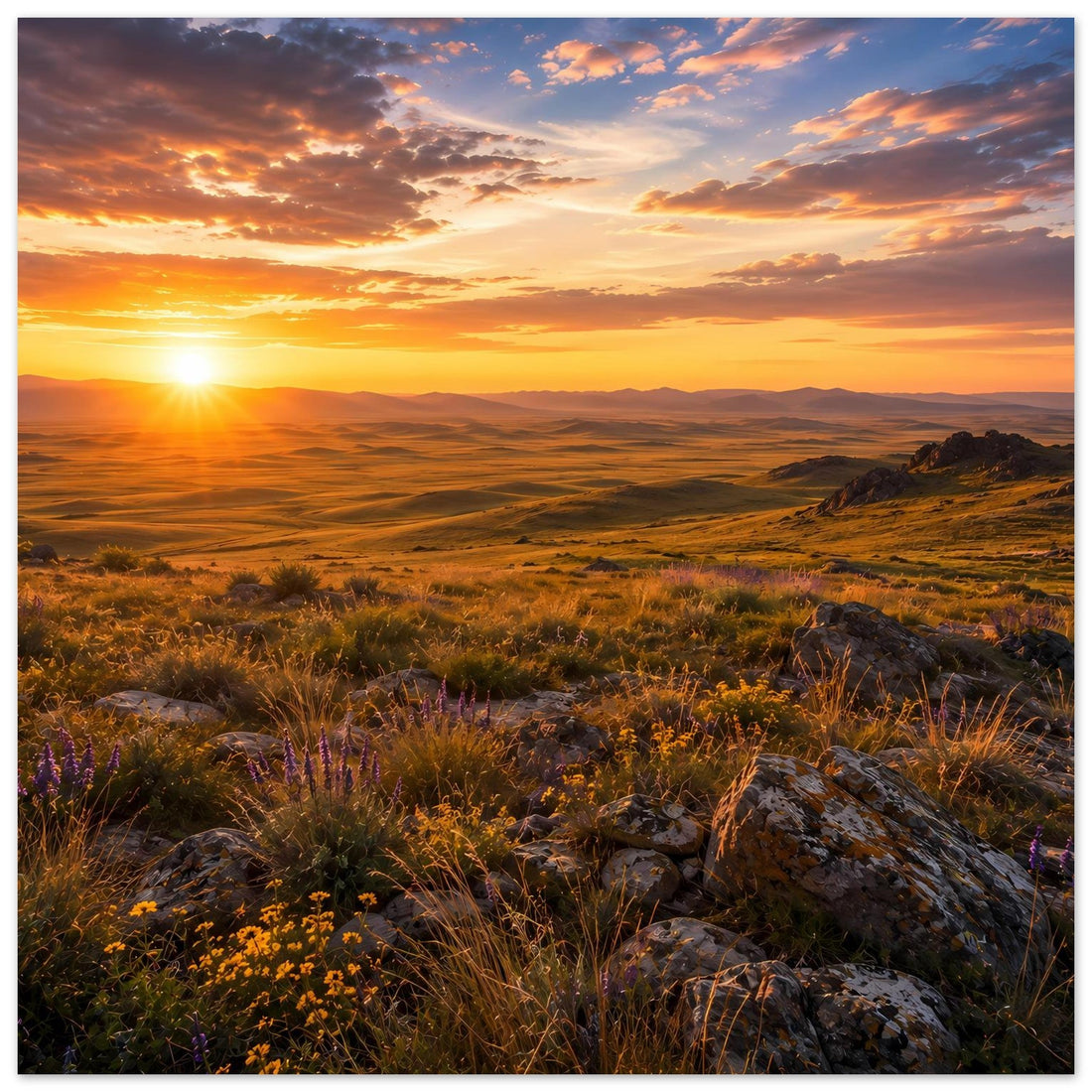 Goldener Sonnenuntergang über ruhiger Landschaft – Naturposter