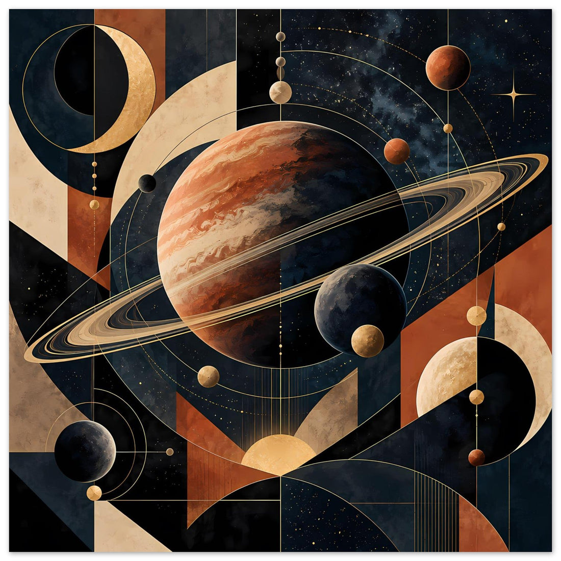 Saturn und geometrische Planeten: Kosmische Kunst in Erdtönen