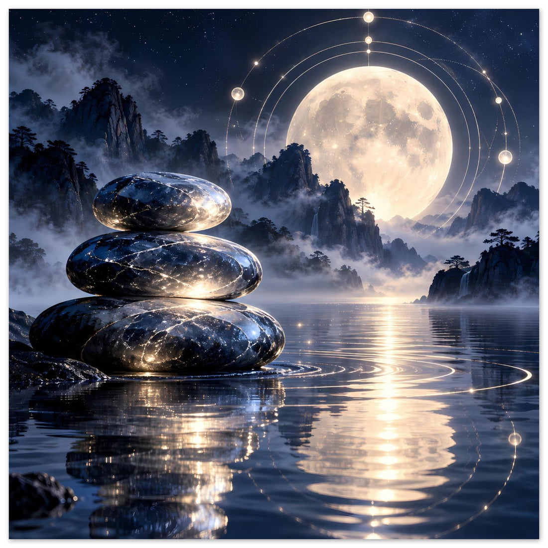 Zen-Steine im Mondlicht mit goldenen Lichtkreisen – Meditationsposter