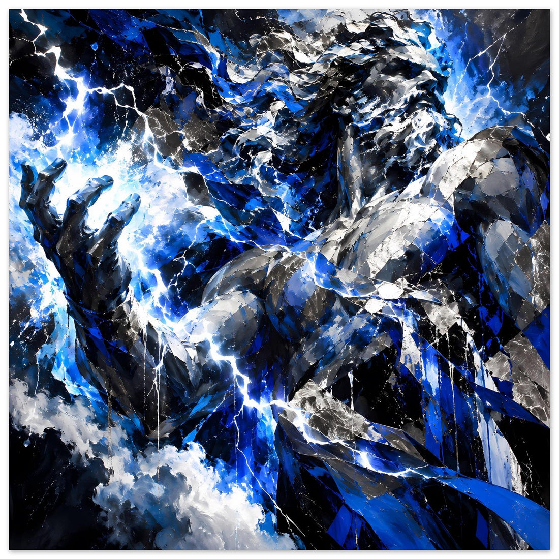 Zeus Blitz Poster – Abstrakte Götterkunst in Blau und Silber