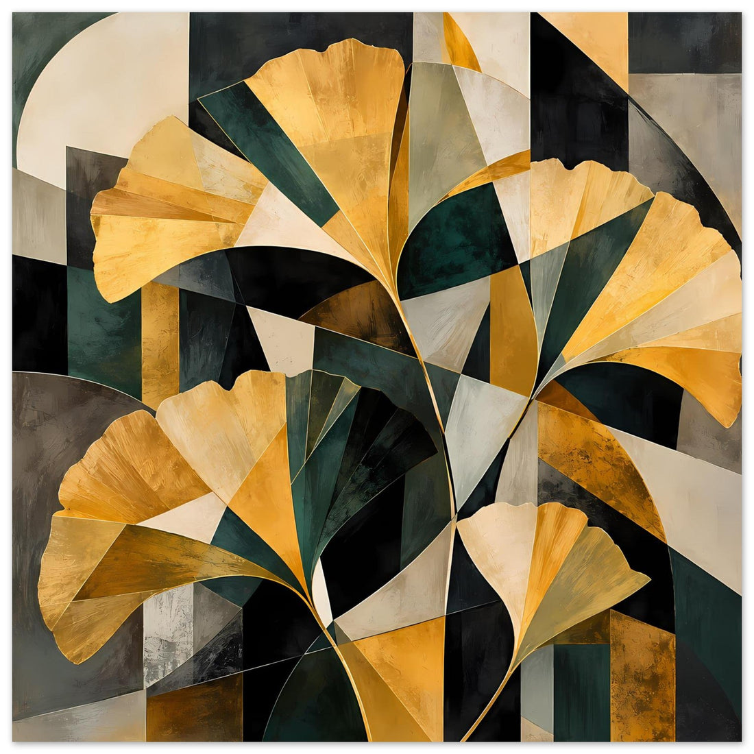 Abstrakte Blüten in Gold und Dunkelgrün – Modernes Blumenposter