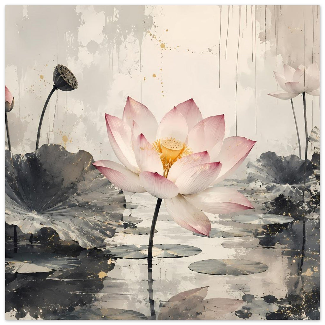 Zarte rosa Lotusblüte auf grauem Seerosenteich – Elegantes Zen Poster