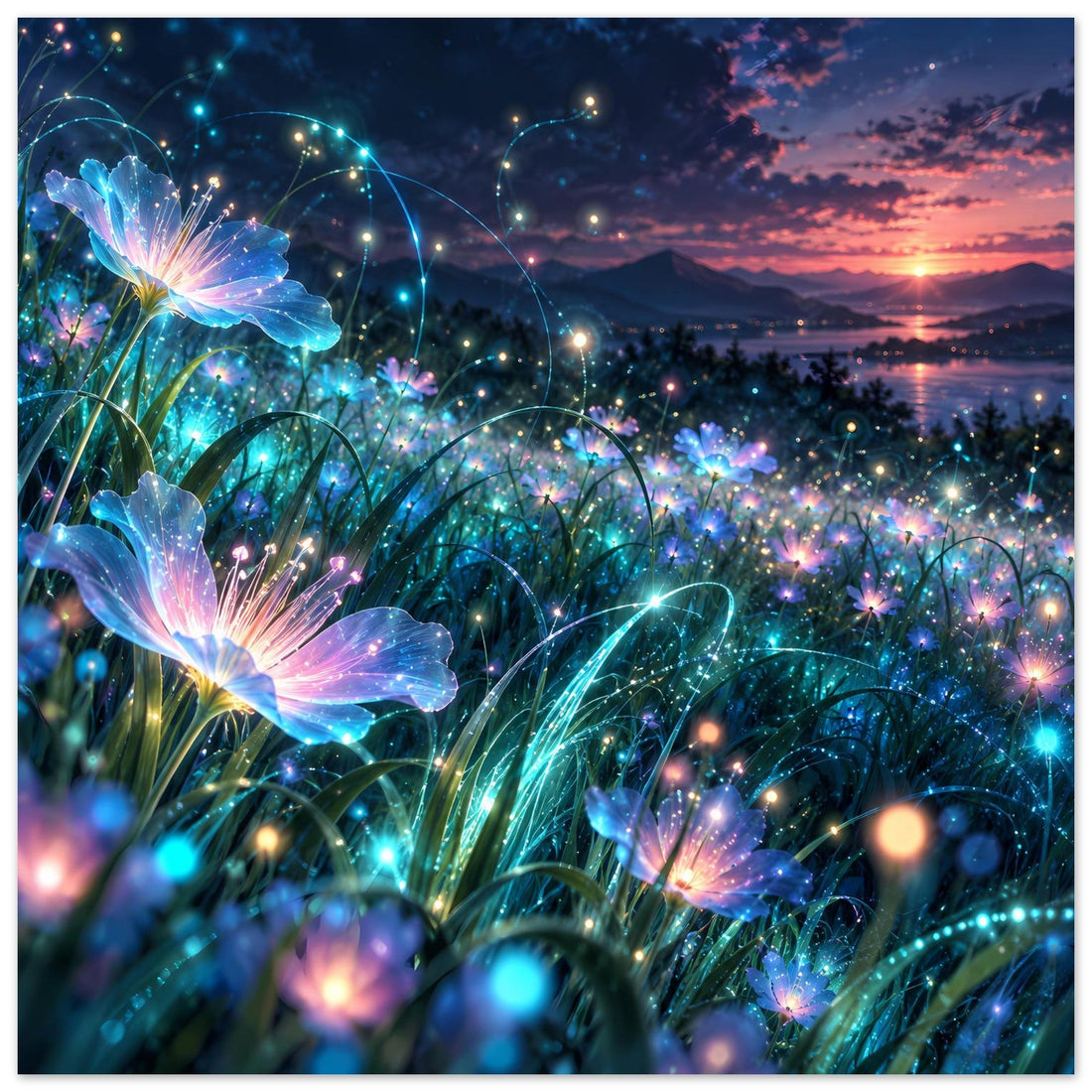 Leuchtende blaue Blumen: Magische Blüten im Sonnenuntergang