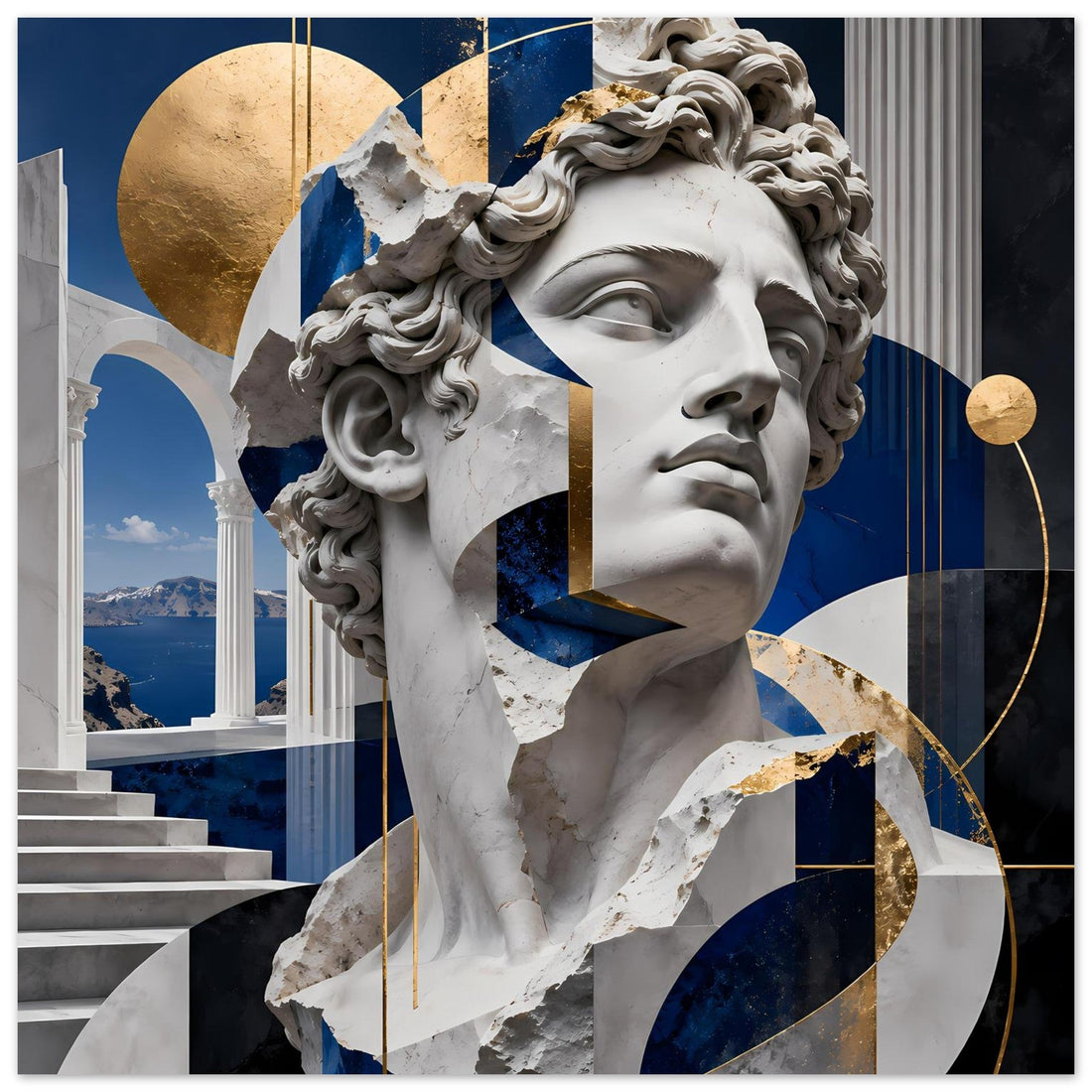 Klassische Marmorskulptur mit Geometrie in Blau und Gold – Poster