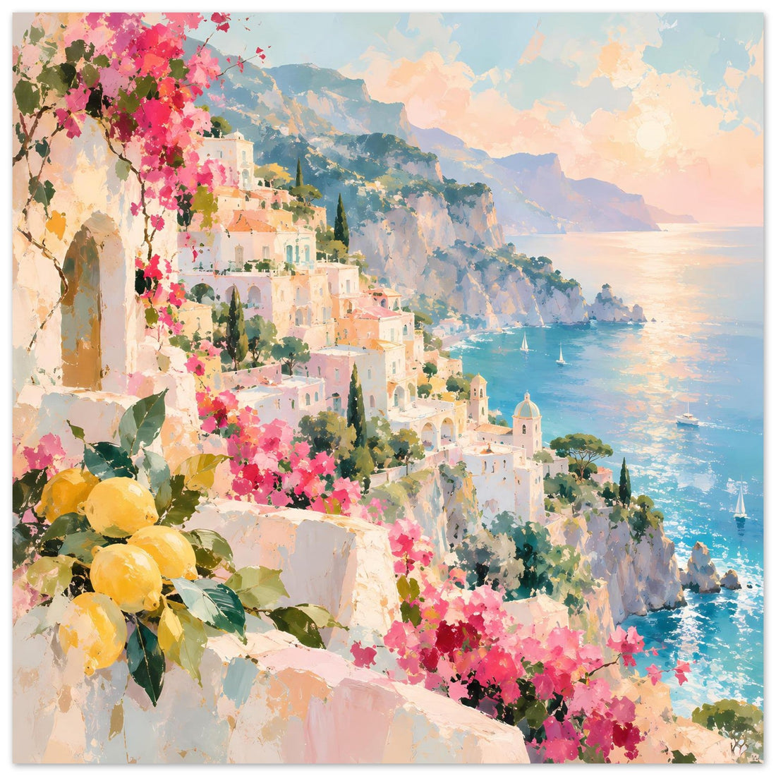 Mediterranes Küstendorf mit Zitronen und rosa Blüten – Poster