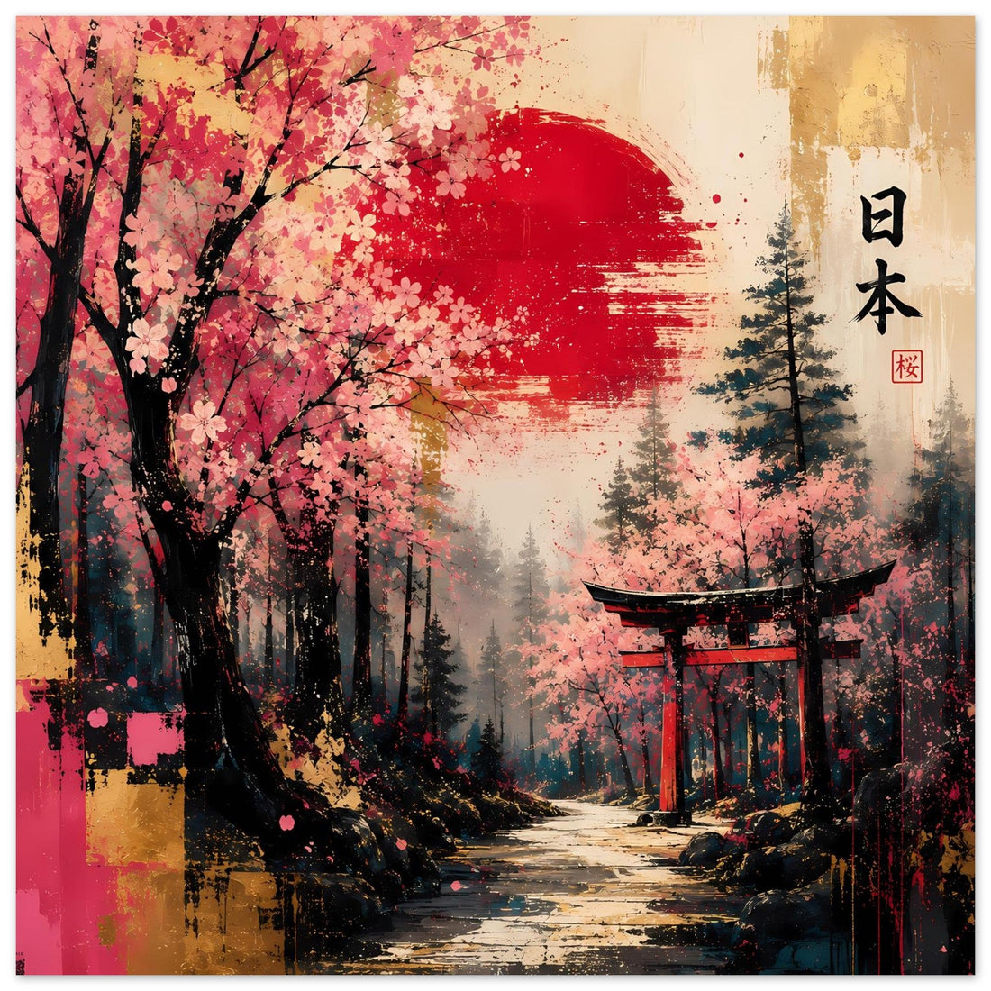 Torii-Tor unter Kirschblüten und rotem Mond als Poster