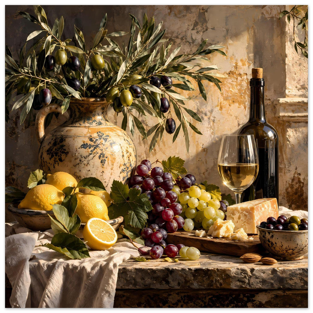 Mediterranes Stillleben mit Wein, Trauben und Zitronen – Küchenposter