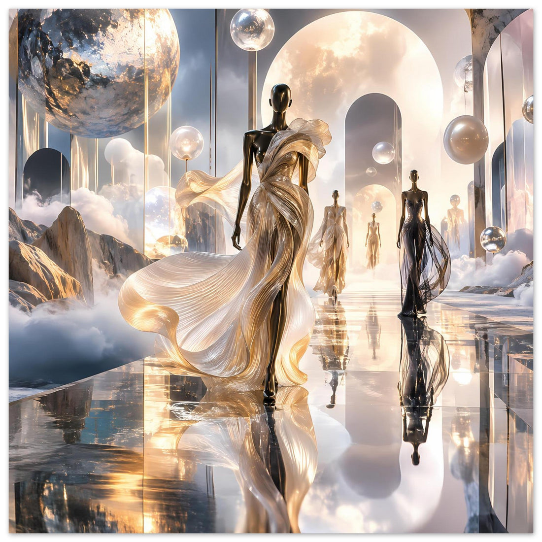 Goldene Laufsteg-Göttin – Surreales Fashion-Poster mit Models