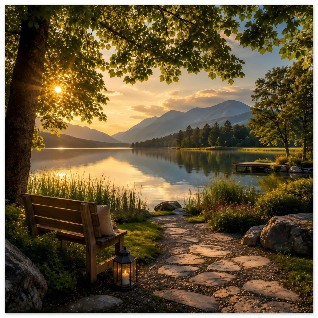 Goldener See mit Holzbank und Laterne – Naturposter