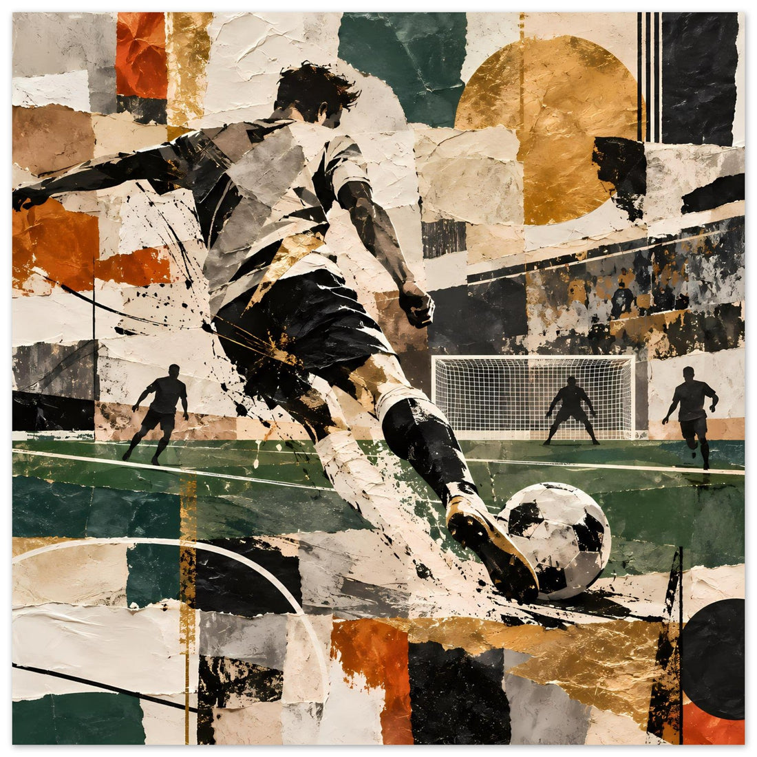Fußballspieler beim Torschuss – Dynamisches Sportposter im Collage-Stil
