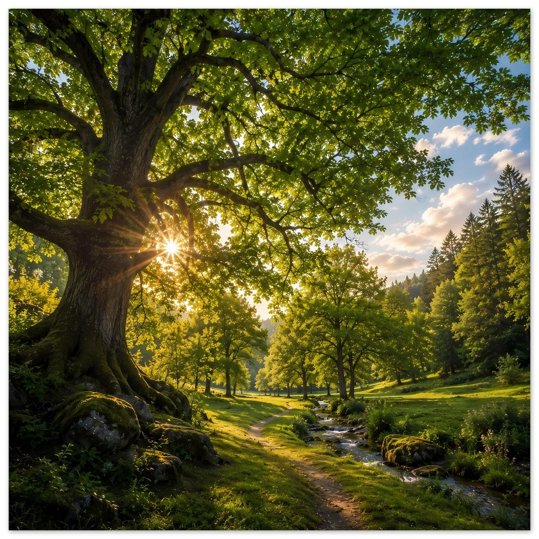 Waldweg mit Eiche und Bachlauf Poster