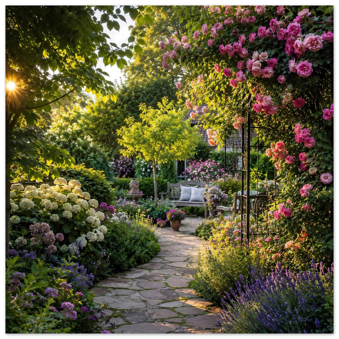 Blühender Gartenweg mit Rosen und Pergola – Romantisches Poster