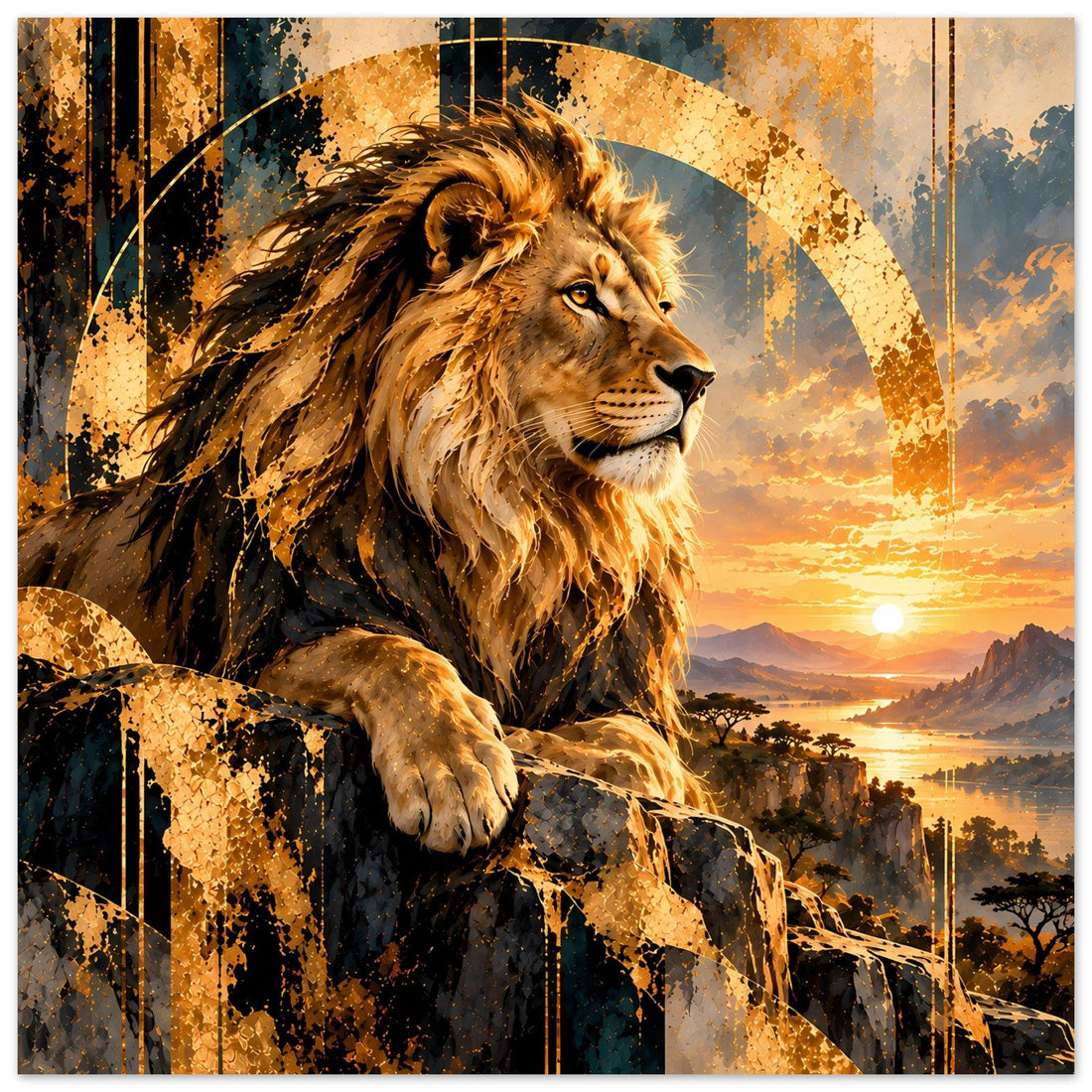 Majestätischer Löwe mit goldener Mähne im Sonnenuntergang – Poster