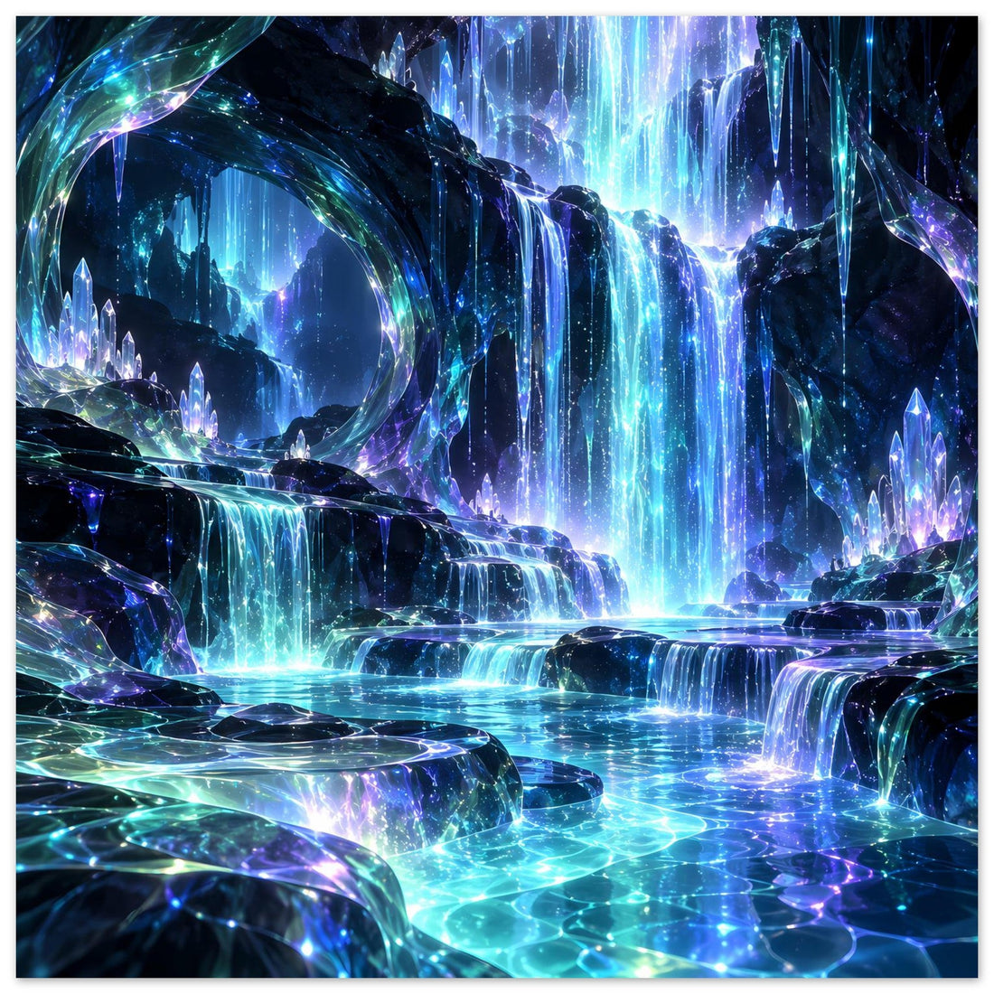 Kristallwasserfall in Blau und Türkis Poster