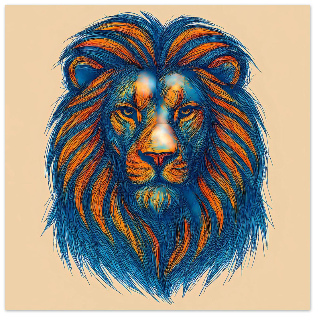 Löwe Pop Art Poster – Leuchtende Mähne in Blau und Orange