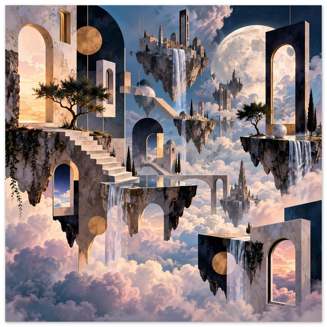 Schwebende Inseln mit Türmen und Mondlicht – Surreales Fantasy-Poster