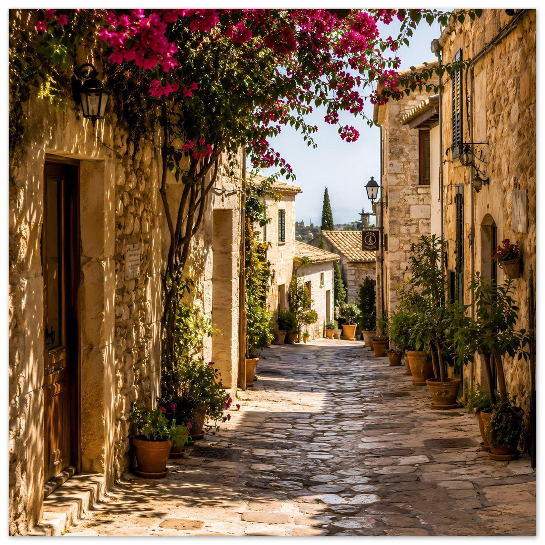 Steingasse mit Bougainvillea: Sonniges mediterranes Dorfleben