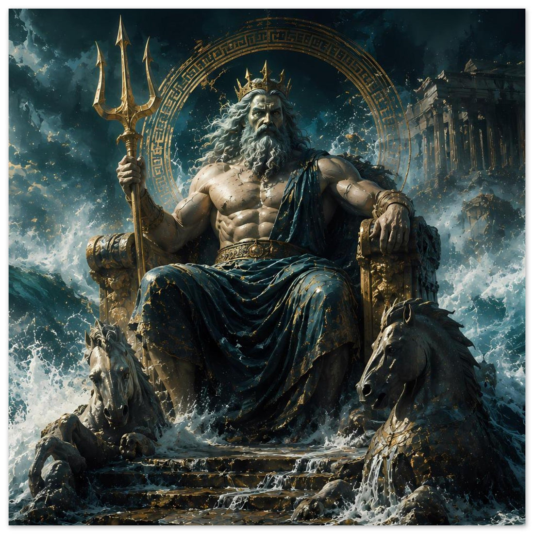Poseidon auf dem Meeresthron – Mythologisches Poster in Blau & Gold