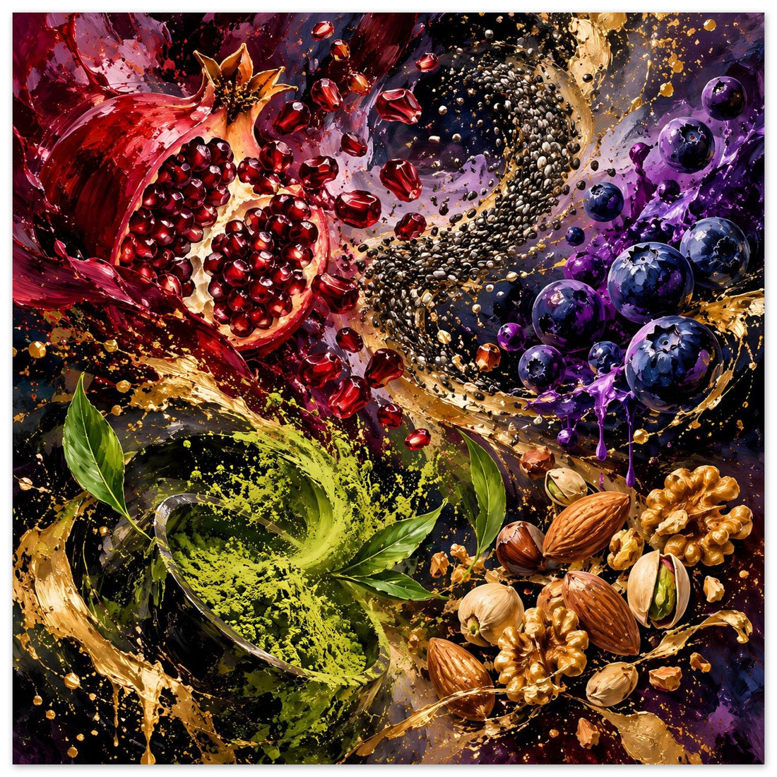 Granatapfel und Blaubeeren im Farbenwirbel als Poster